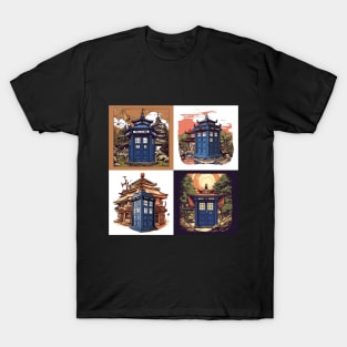 Illustration of four blue tardis in Japan on sunset T-Shirt